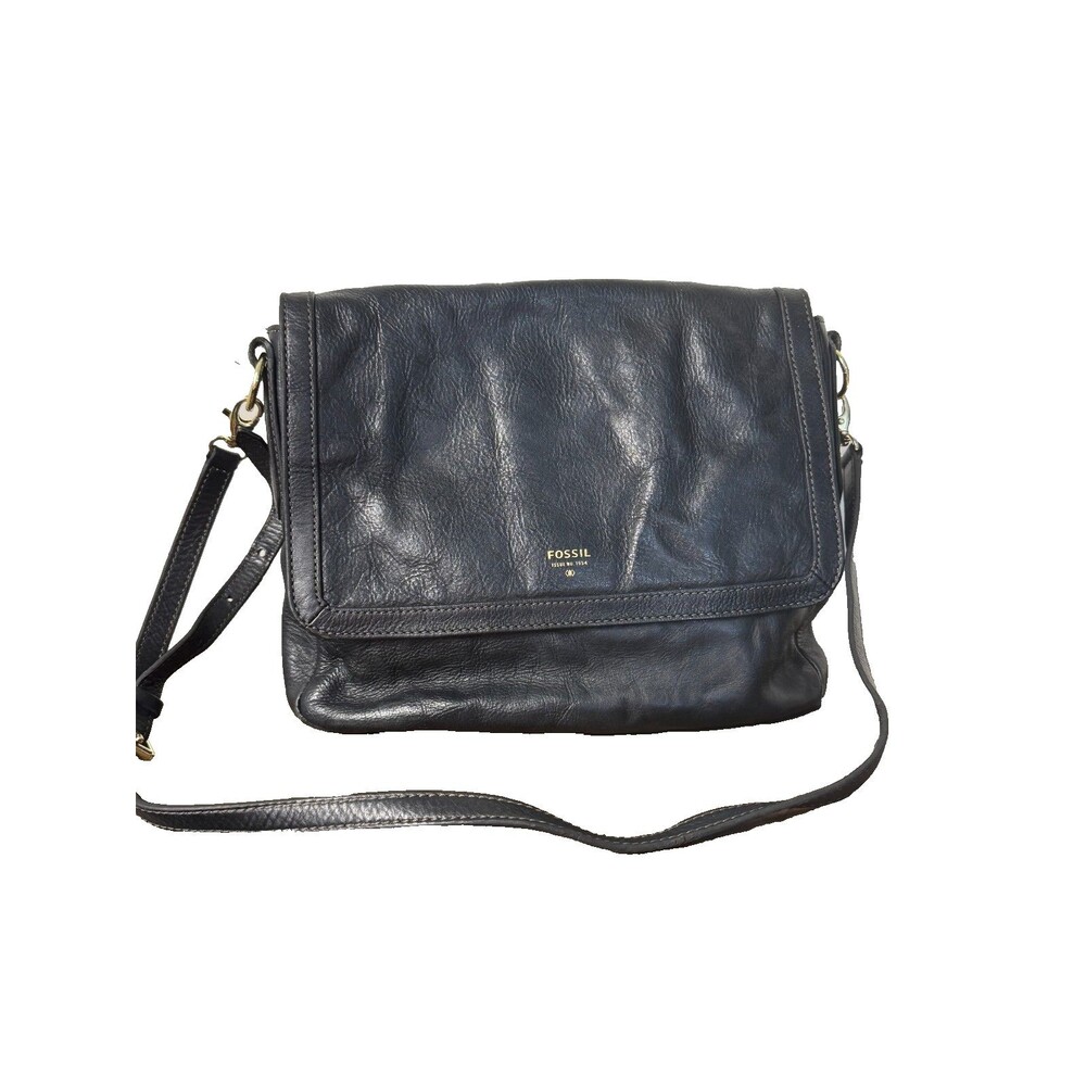 Fossil Black Leather Crossbody Bag Flap Messenger Purse Gold Hardware